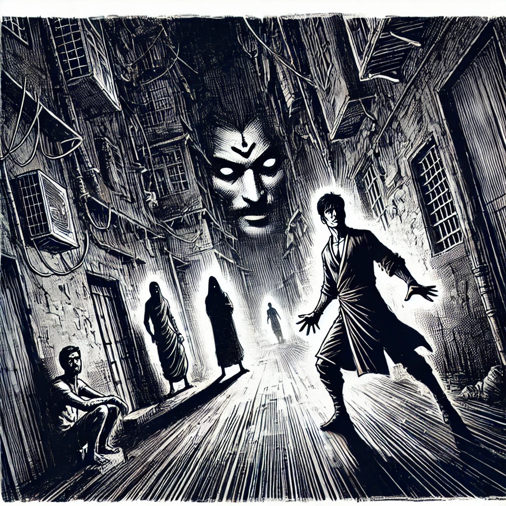Shakti encounters shadowy figures in a dark alley.