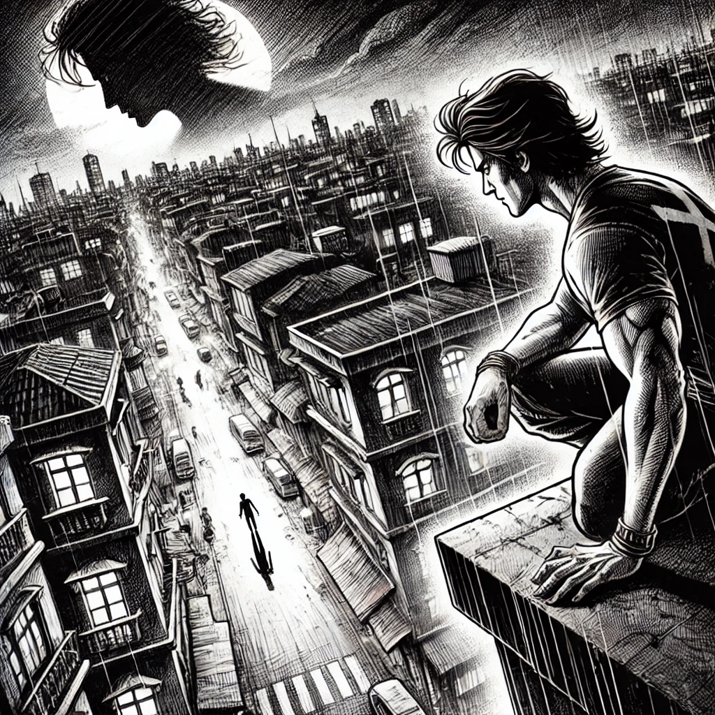 Shakti overlooking the city at night, sensing the rising darkness.